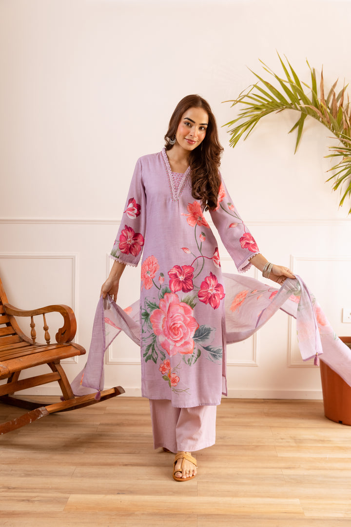 Nehamta Women's Lavender Natural Linen Kurta With Palazzo & Dupatta set
