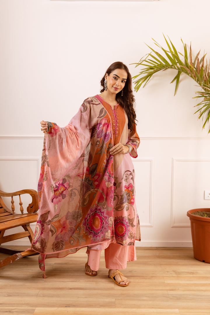 Nehamta Women's Peach Linen Flex Kurta With Palazzo & Dupatta set