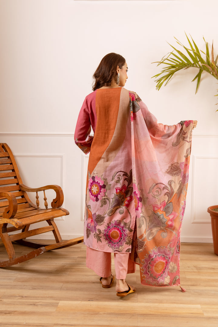 Nehamta Women's Peach Linen Flex Kurta With Palazzo & Dupatta set