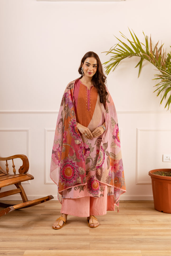 Nehamta Women's Peach Linen Flex Kurta With Palazzo & Dupatta set