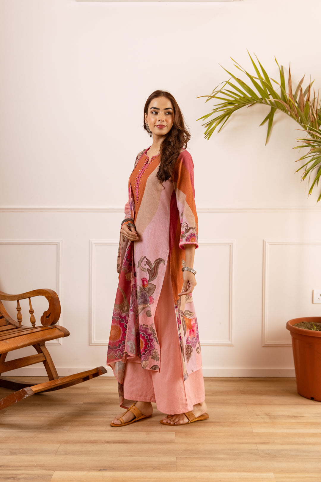 Nehamta Women's Peach Linen Flex Kurta With Palazzo & Dupatta set