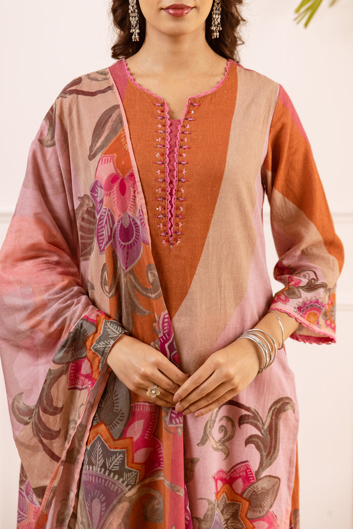 Nehamta Women's Peach Linen Flex Kurta With Palazzo & Dupatta set