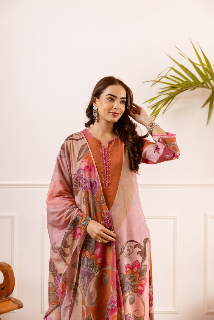 Nehamta Women's Peach Linen Flex Kurta With Palazzo & Dupatta set