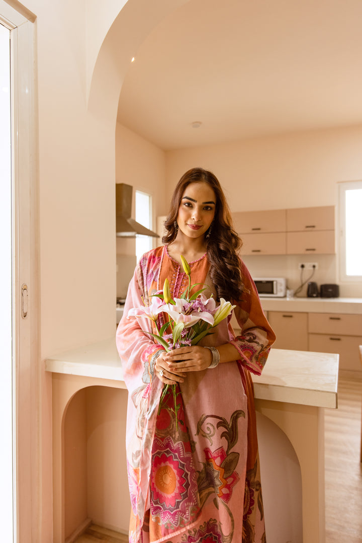 Nehamta Women's Peach Linen Flex Kurta With Palazzo & Dupatta set