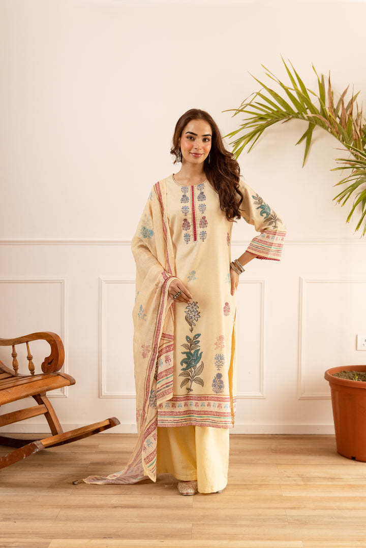 Nehamta Women's Cream Natural Linen Kurta With Palazzo & Dupatta set