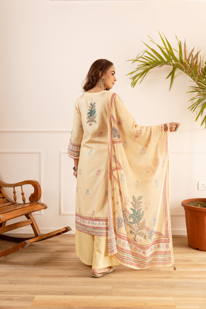 Nehamta Women's Cream Natural Linen Kurta With Palazzo & Dupatta set
