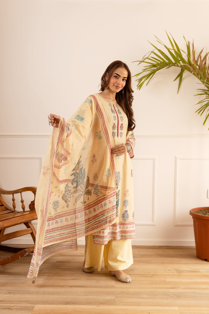 Nehamta Women's Cream Natural Linen Kurta With Palazzo & Dupatta set