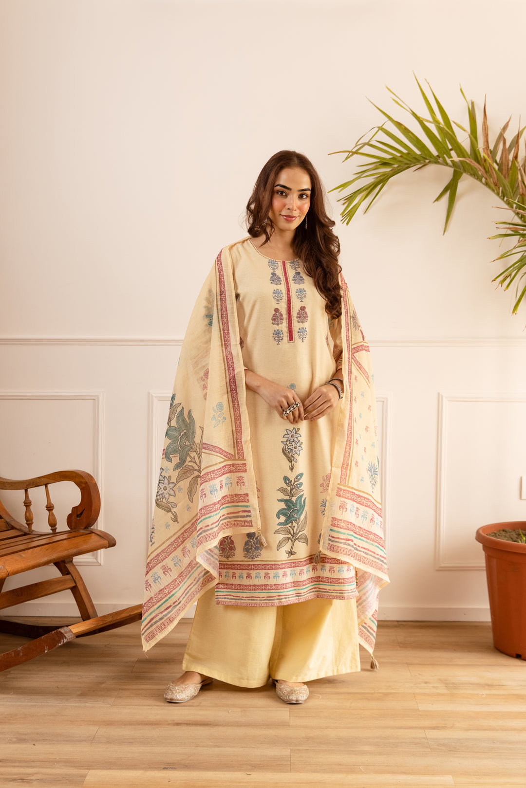 Nehamta Women's Cream Natural Linen Kurta With Palazzo & Dupatta set