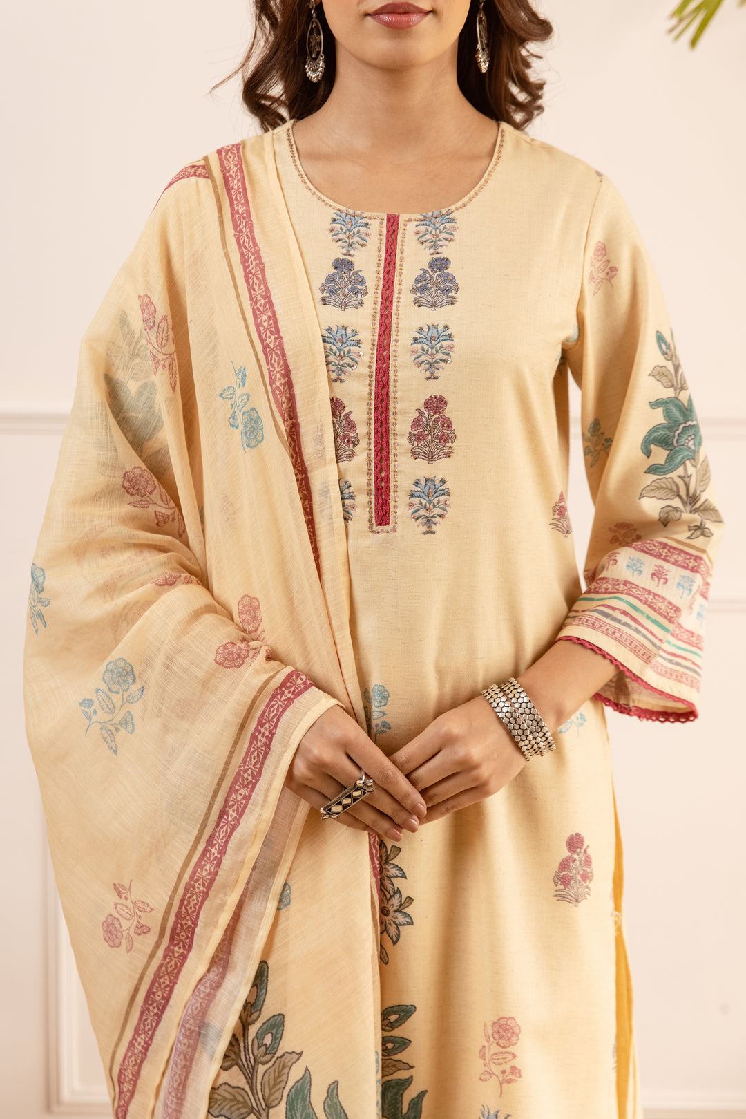 Nehamta Women's Cream Natural Linen Kurta With Palazzo & Dupatta set