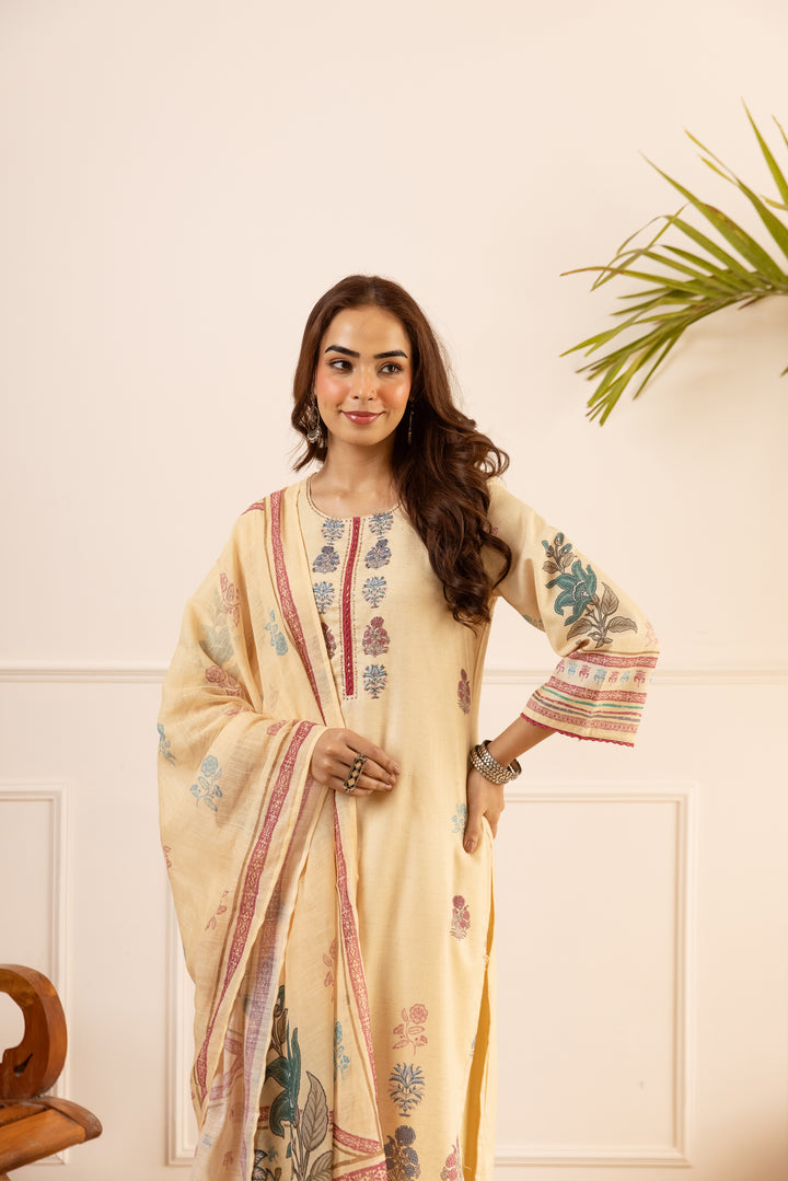 Nehamta Women's Cream Natural Linen Kurta With Palazzo & Dupatta set