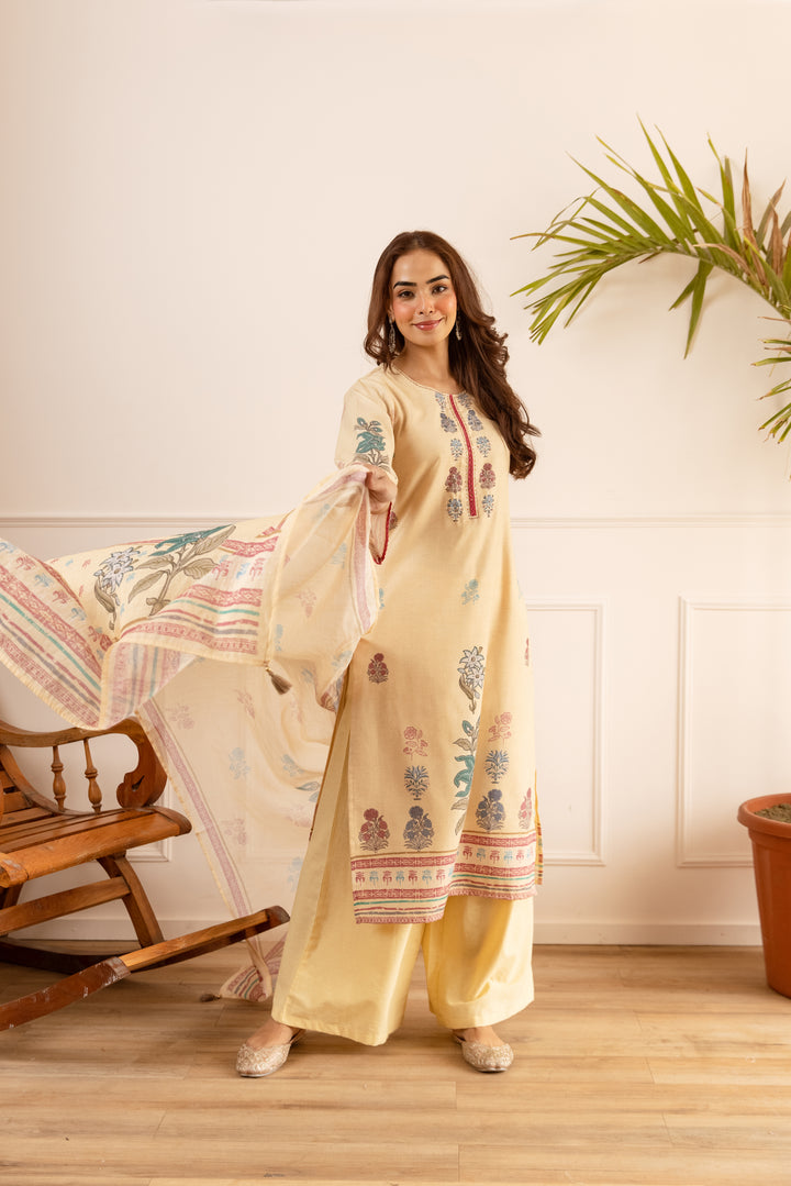 Nehamta Women's Cream Natural Linen Kurta With Palazzo & Dupatta set