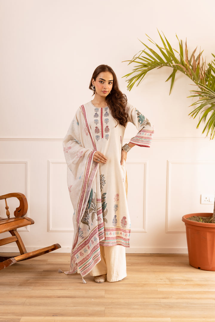 Nehamta Women's Off White Natural Linen Kurta With Palazzo & Dupatta set