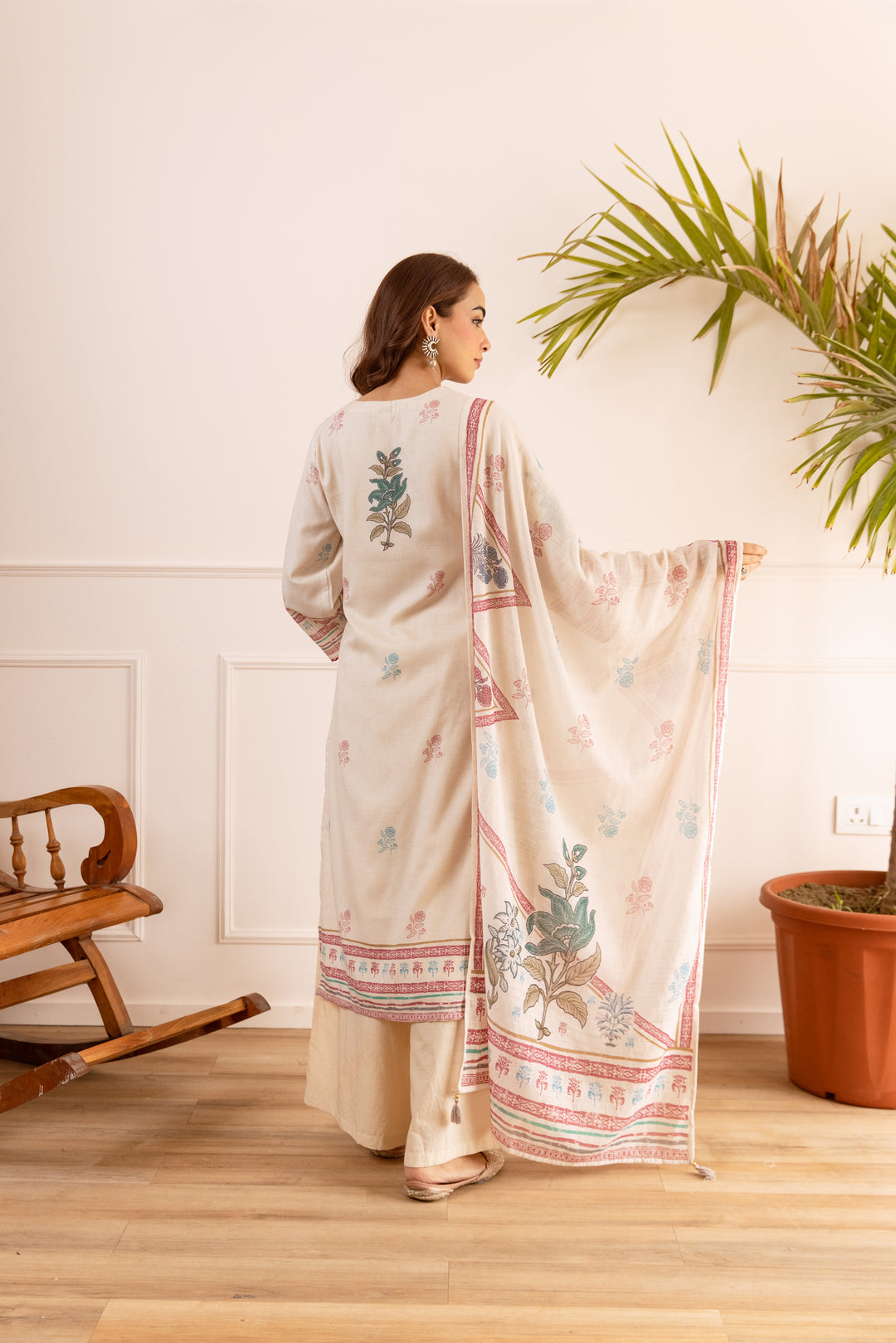 Nehamta Women's Off White Natural Linen Kurta With Palazzo & Dupatta set