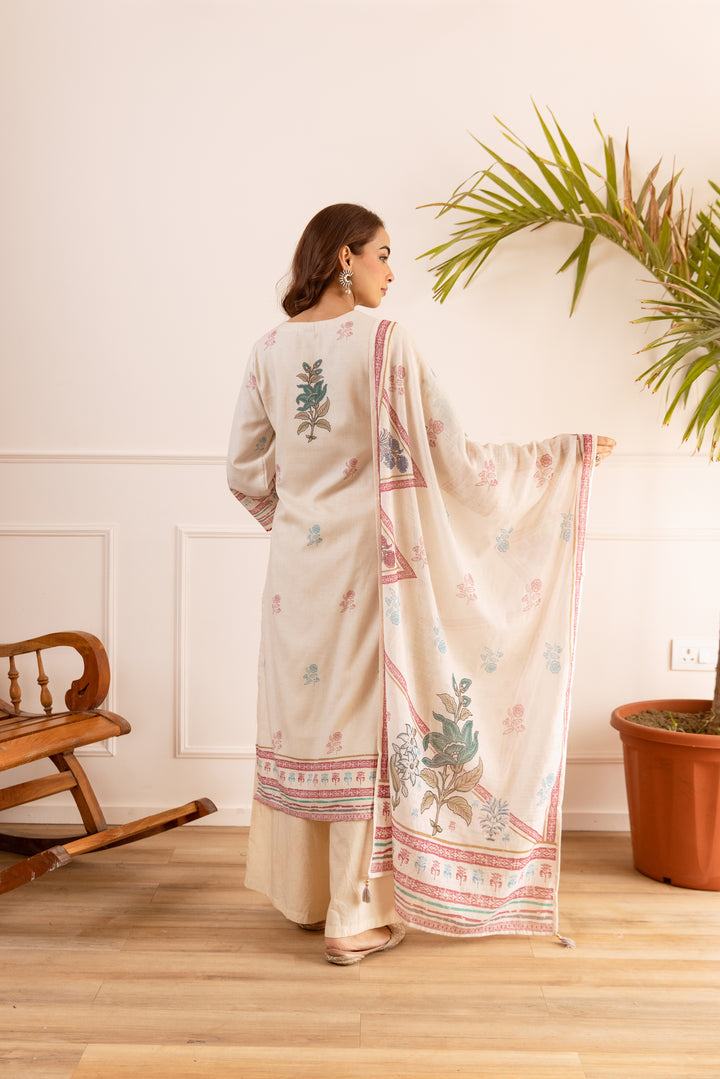 Nehamta Women's Off White Natural Linen Kurta With Palazzo & Dupatta set