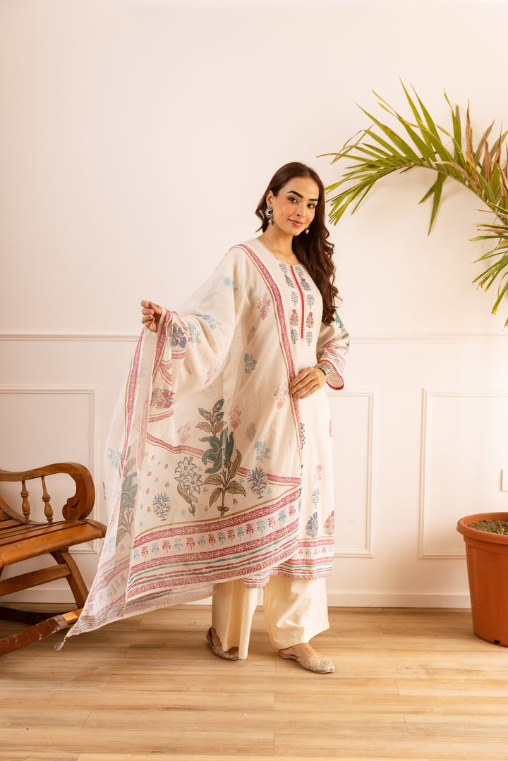 Nehamta Women's Off White Natural Linen Kurta With Palazzo & Dupatta set