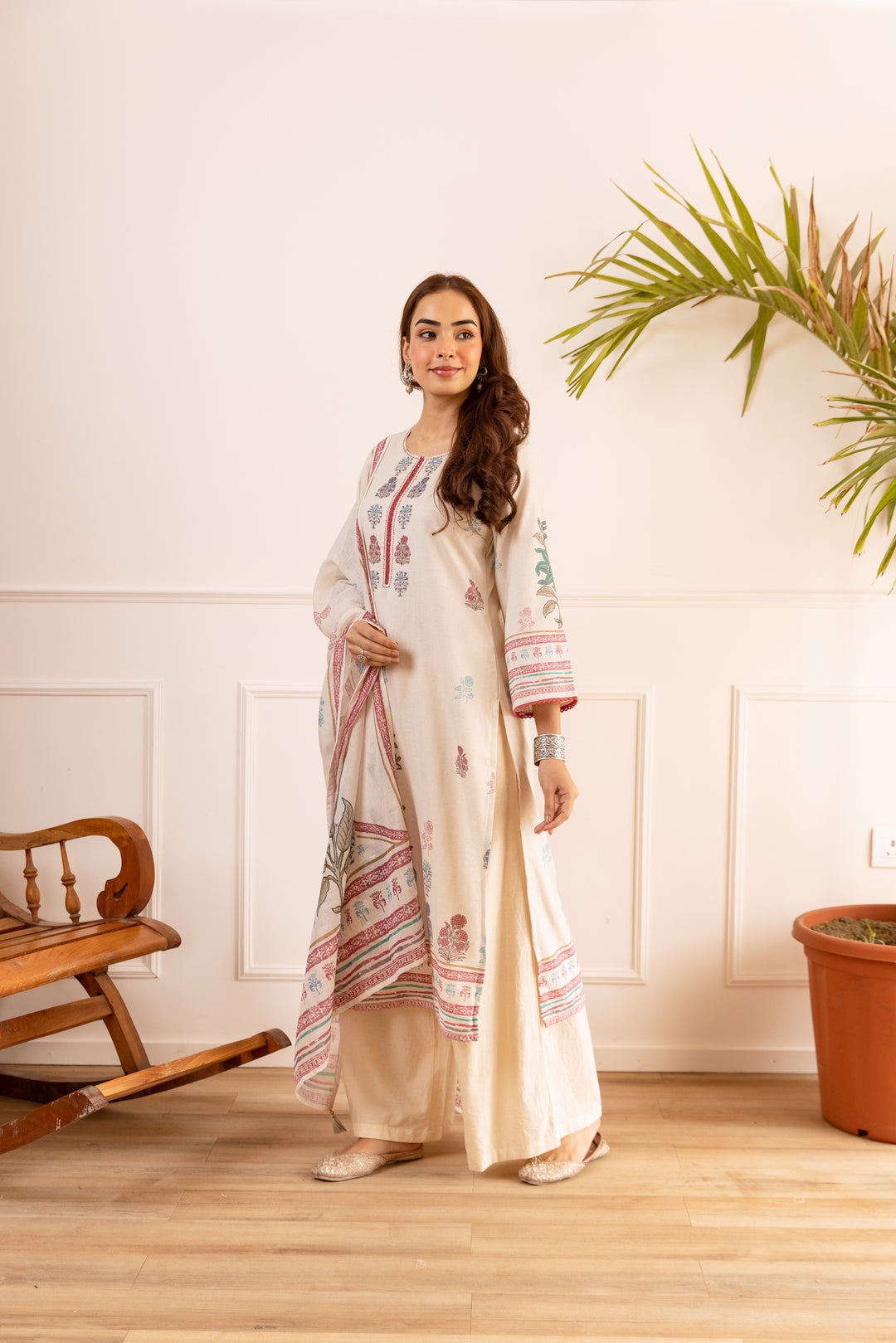 Nehamta Women's Off White Natural Linen Kurta With Palazzo & Dupatta set