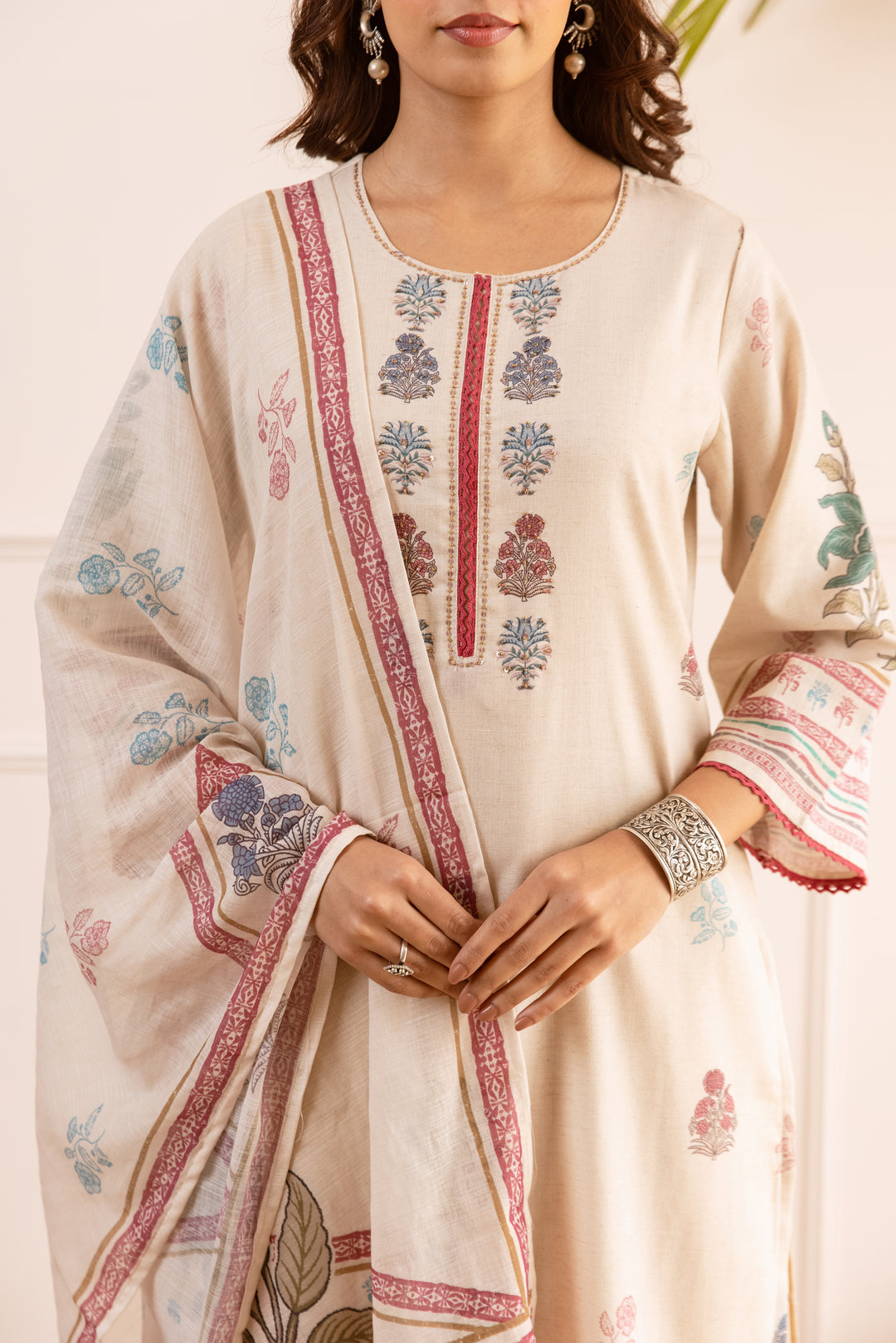 Nehamta Women's Off White Natural Linen Kurta With Palazzo & Dupatta set