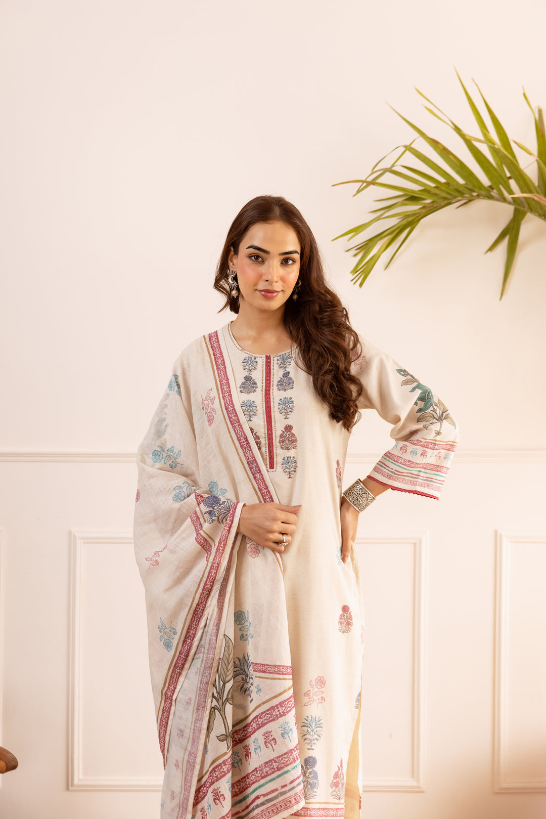 Nehamta Women's Off White Natural Linen Kurta With Palazzo & Dupatta set