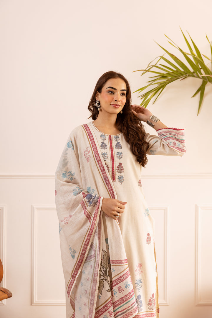 Nehamta Women's Off White Natural Linen Kurta With Palazzo & Dupatta set