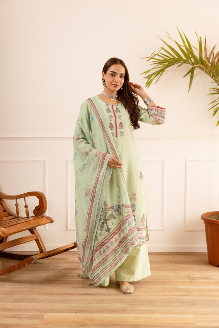 Nehamta Women's Mint Green Natural Linen Kurta With Palazzo & Dupatta set