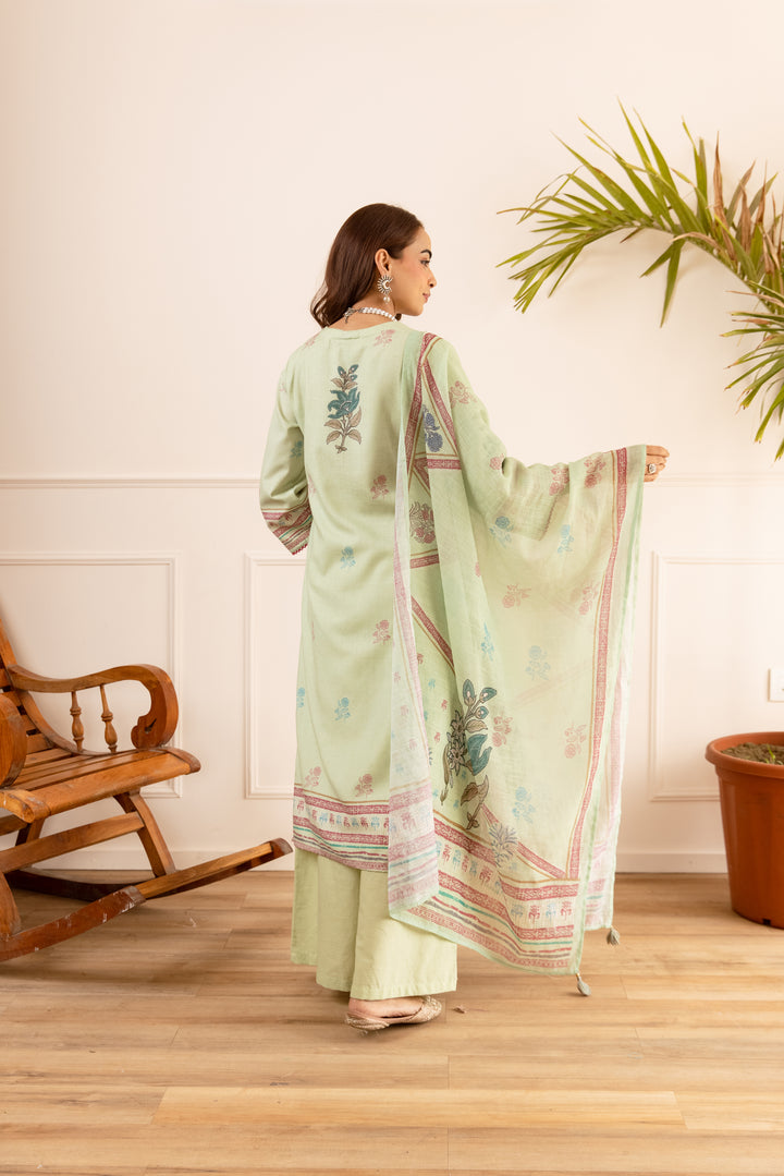 Nehamta Women's Mint Green Natural Linen Kurta With Palazzo & Dupatta set