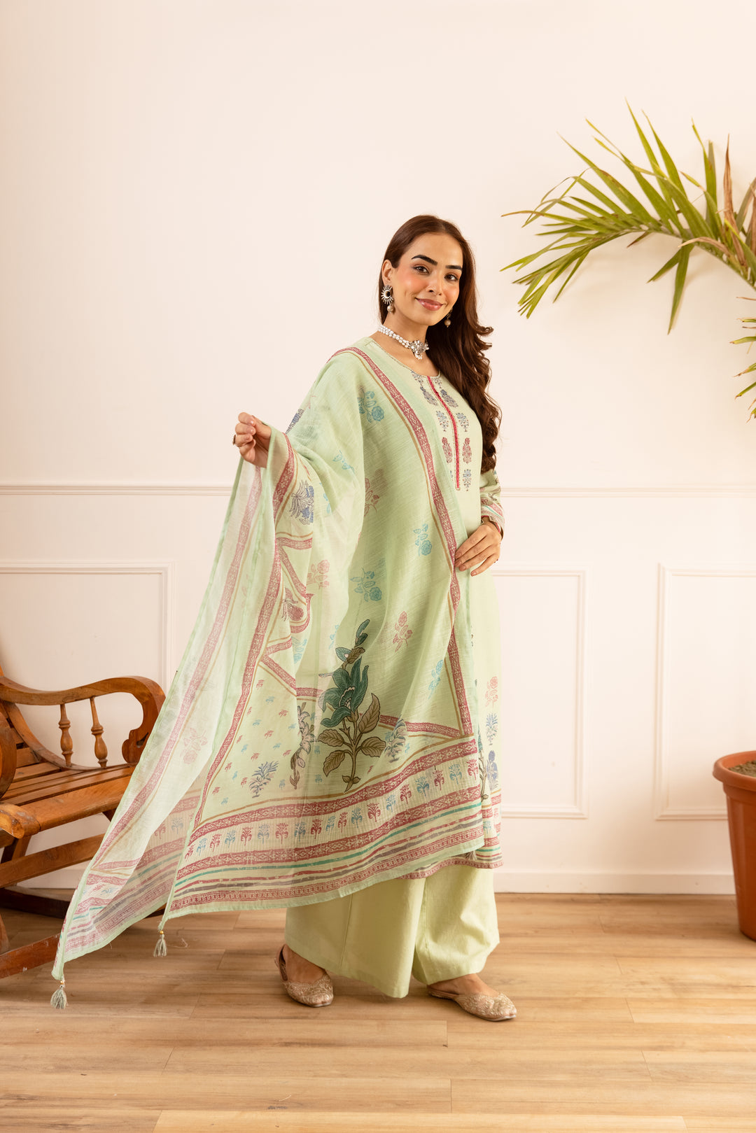 Nehamta Women's Mint Green Natural Linen Kurta With Palazzo & Dupatta set