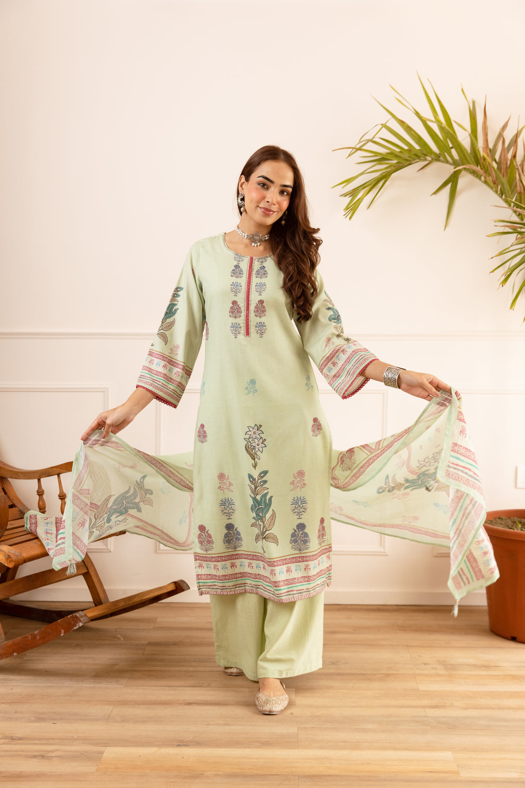 Nehamta Women's Mint Green Natural Linen Kurta With Palazzo & Dupatta set