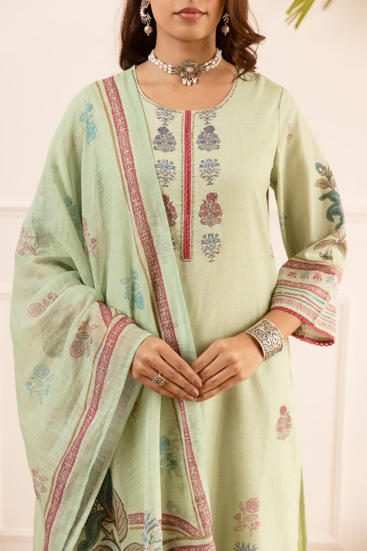 Nehamta Women's Mint Green Natural Linen Kurta With Palazzo & Dupatta set