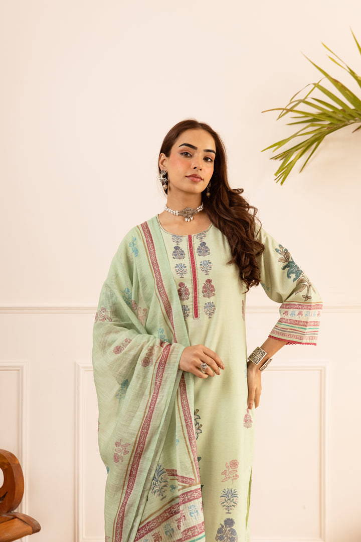 Nehamta Women's Mint Green Natural Linen Kurta With Palazzo & Dupatta set