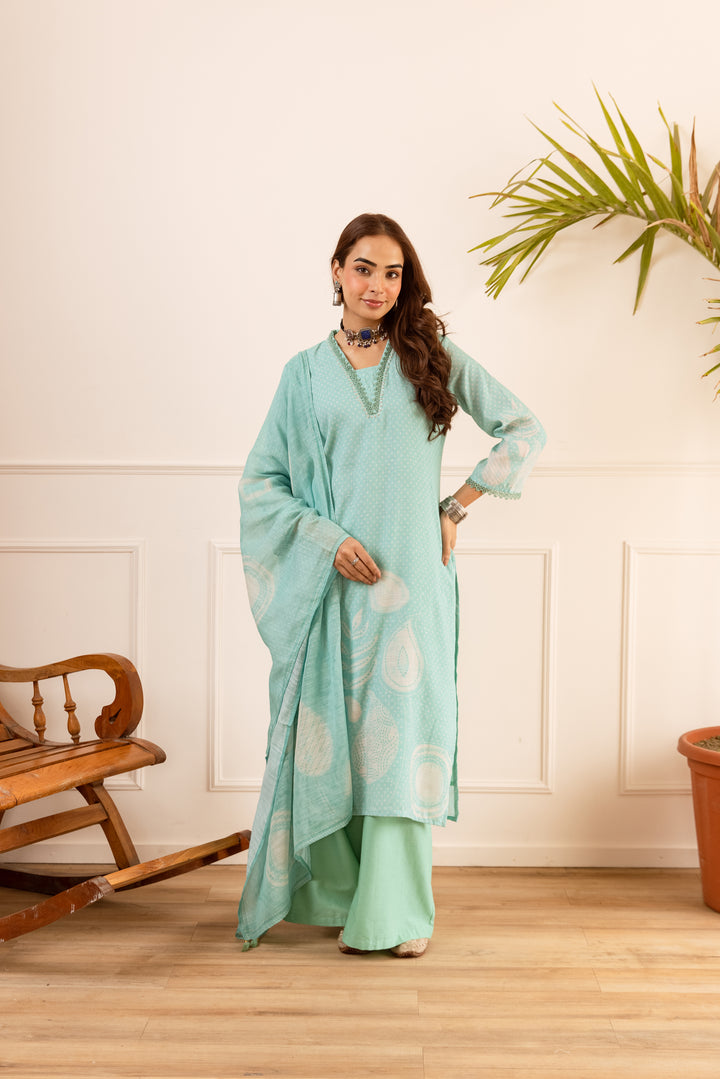 Nehamta Women's Mint Green Natural Linen Kurta With Palazzo & Dupatta set