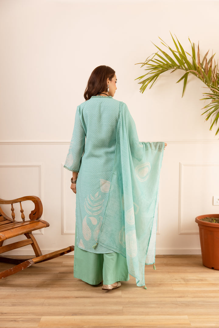 Nehamta Women's Mint Green Natural Linen Kurta With Palazzo & Dupatta set
