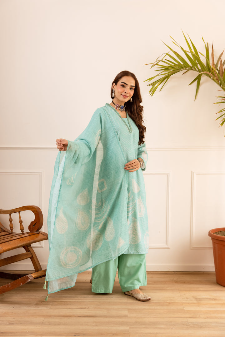 Nehamta Women's Mint Green Natural Linen Kurta With Palazzo & Dupatta set