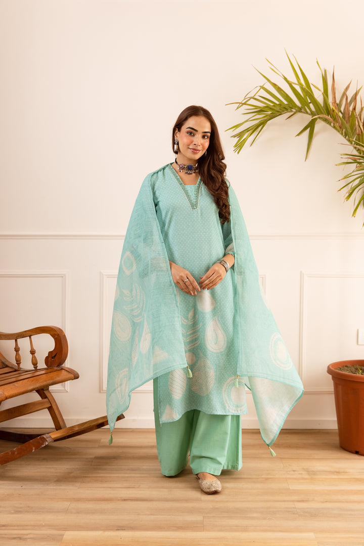 Nehamta Women's Mint Green Natural Linen Kurta With Palazzo & Dupatta set