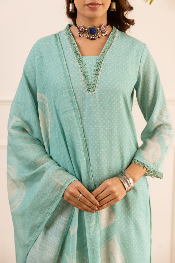Nehamta Women's Mint Green Natural Linen Kurta With Palazzo & Dupatta set