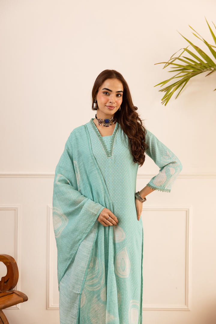 Nehamta Women's Mint Green Natural Linen Kurta With Palazzo & Dupatta set
