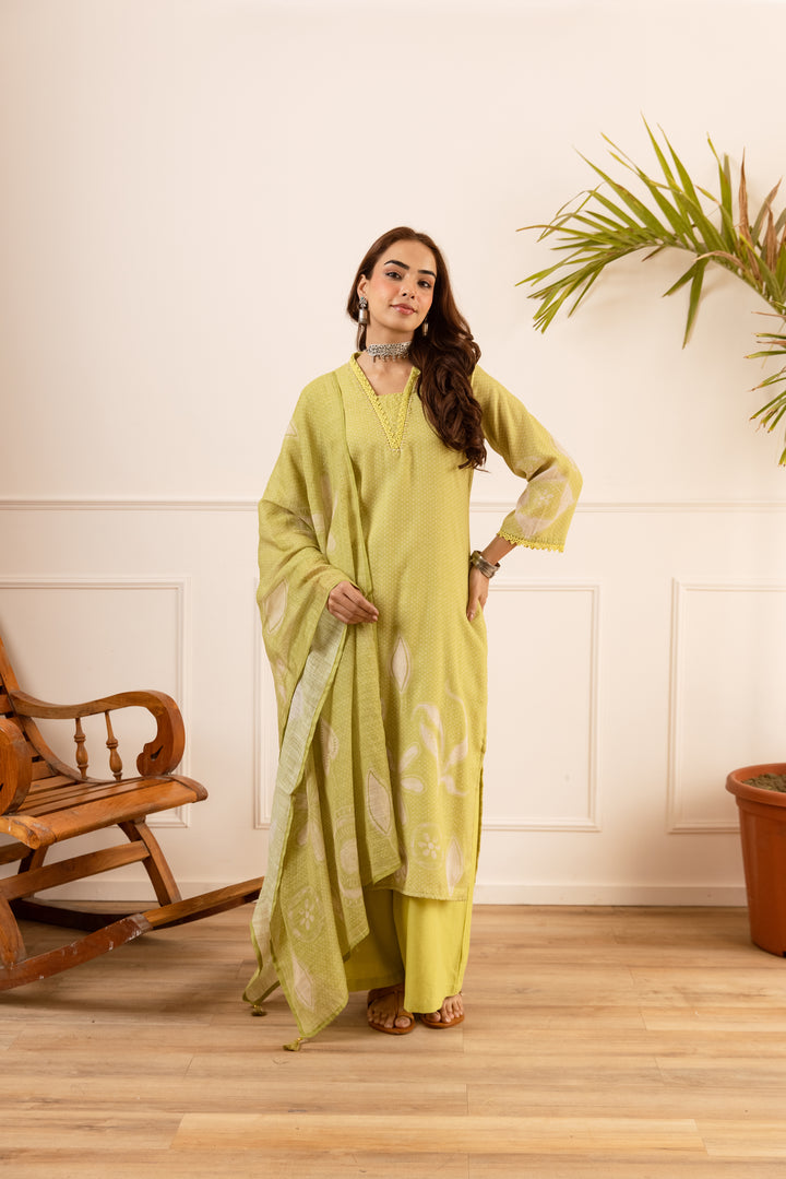 Nehamta Women's Lime Green Natural Linen Kurta With Palazzo & Dupatta set