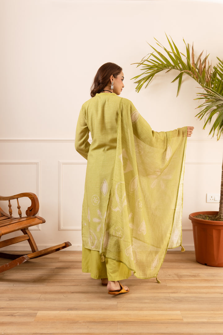Nehamta Women's Lime Green Natural Linen Kurta With Palazzo & Dupatta set