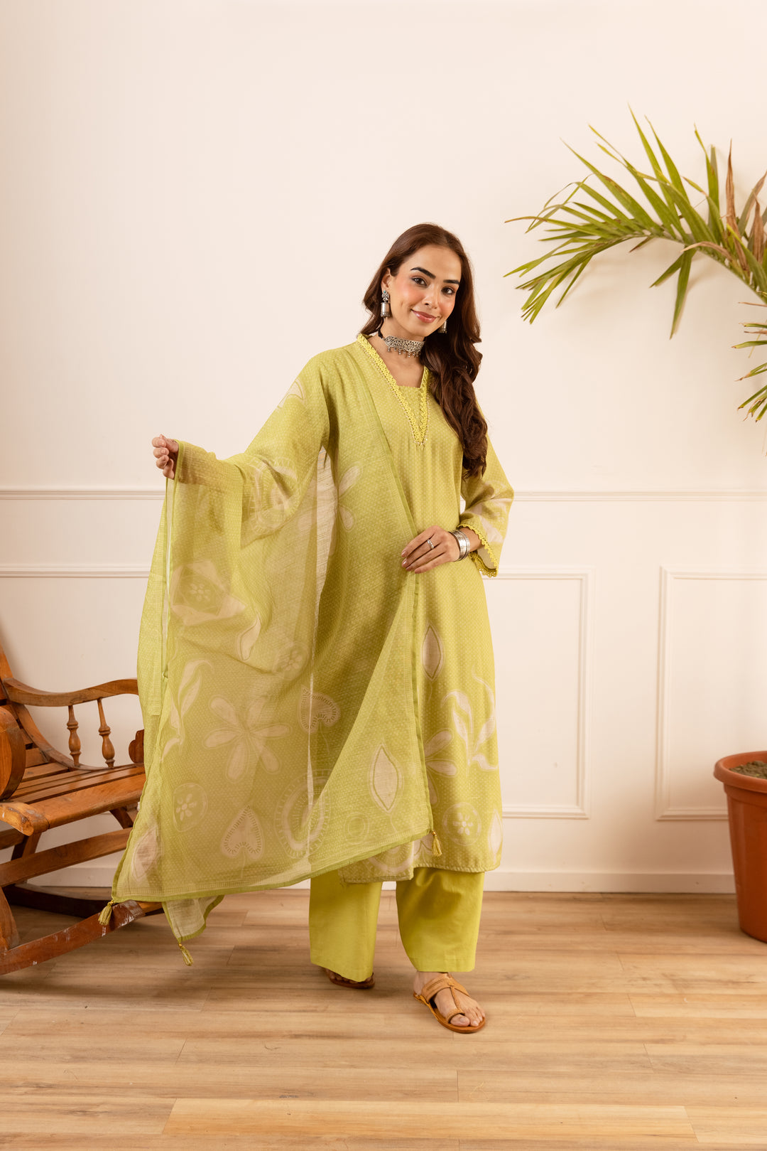 Nehamta Women's Lime Green Natural Linen Kurta With Palazzo & Dupatta set