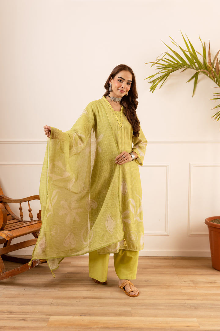 Nehamta Women's Lime Green Natural Linen Kurta With Palazzo & Dupatta set