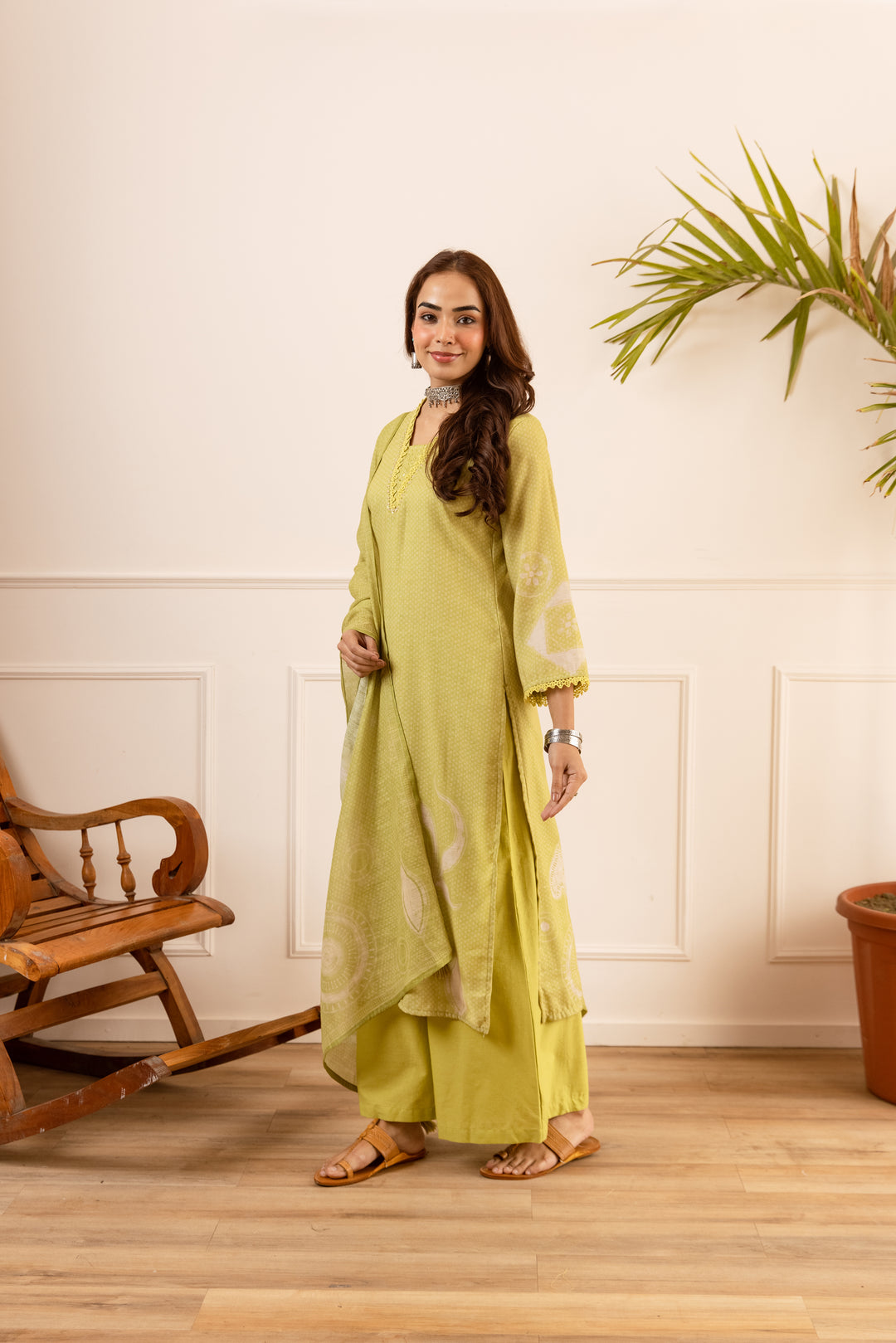 Nehamta Women's Lime Green Natural Linen Kurta With Palazzo & Dupatta set