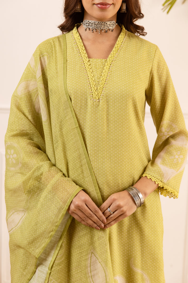 Nehamta Women's Lime Green Natural Linen Kurta With Palazzo & Dupatta set