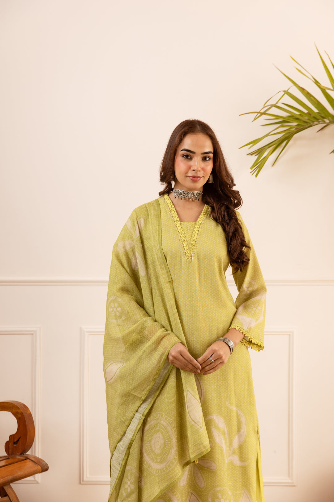 Nehamta Women's Lime Green Natural Linen Kurta With Palazzo & Dupatta set