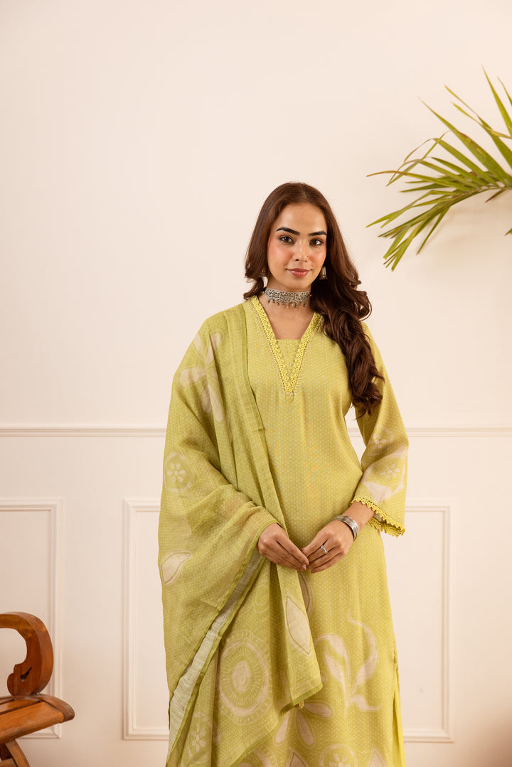 Nehamta Women's Lime Green Natural Linen Kurta With Palazzo & Dupatta set