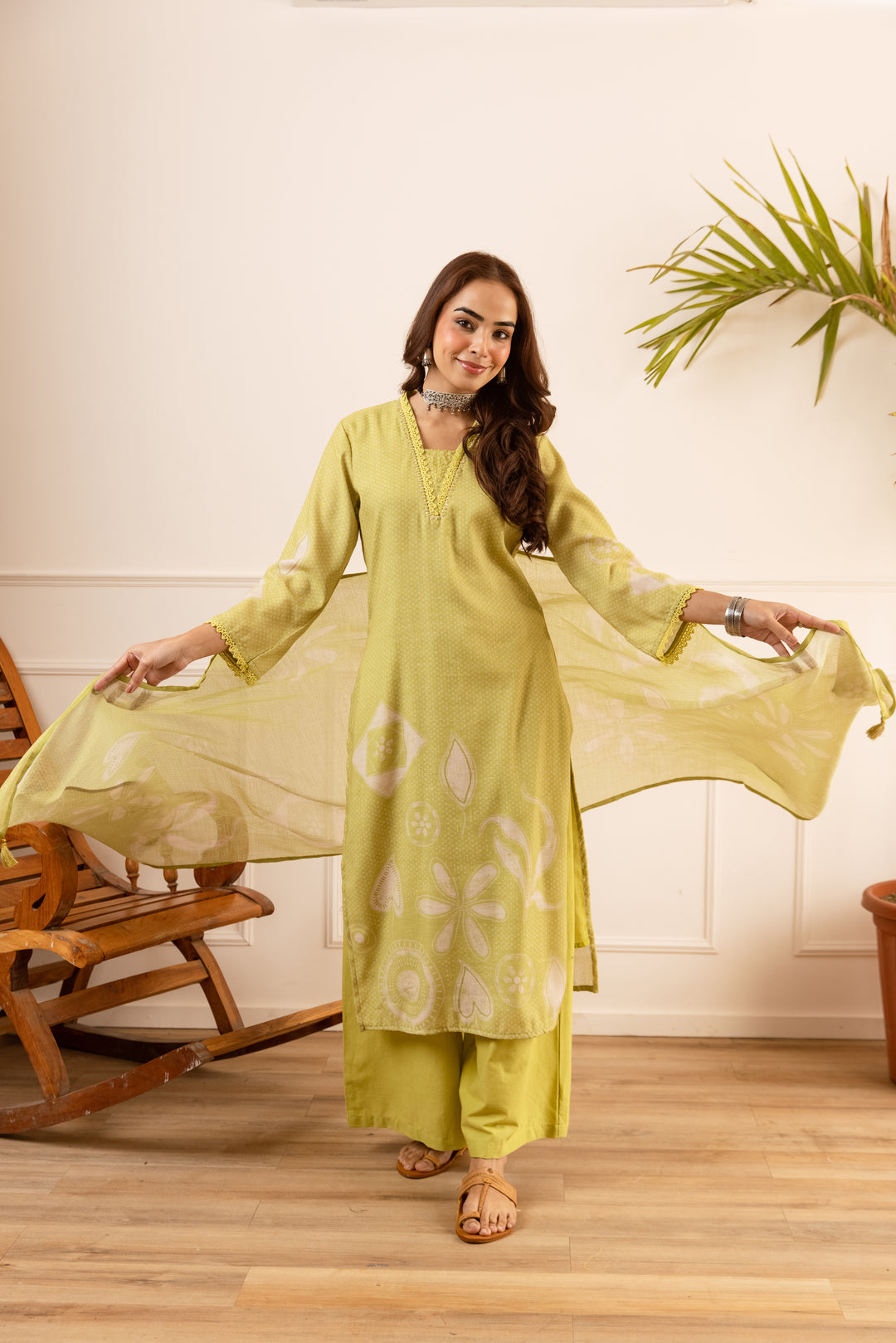Nehamta Women's Lime Green Natural Linen Kurta With Palazzo & Dupatta set