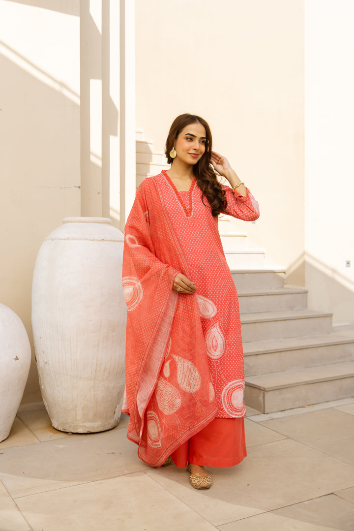 Nehamta Women's Orange Natural Linen Kurta With Palazzo & Dupatta set