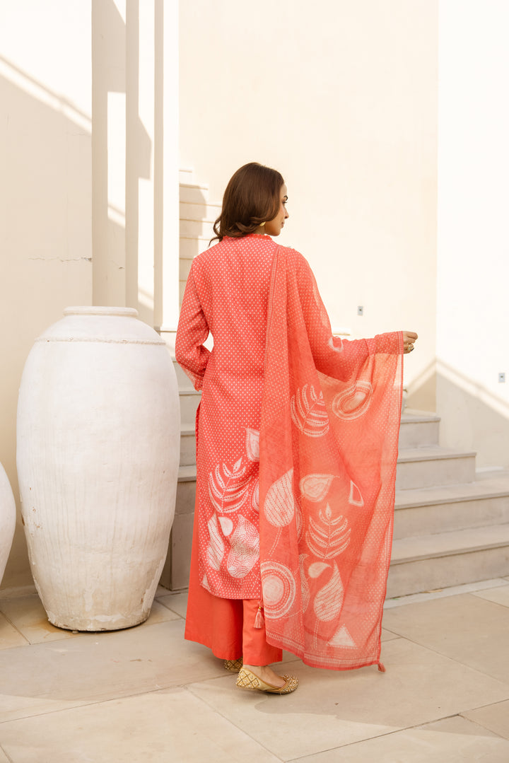 Nehamta Women's Orange Natural Linen Kurta With Palazzo & Dupatta set