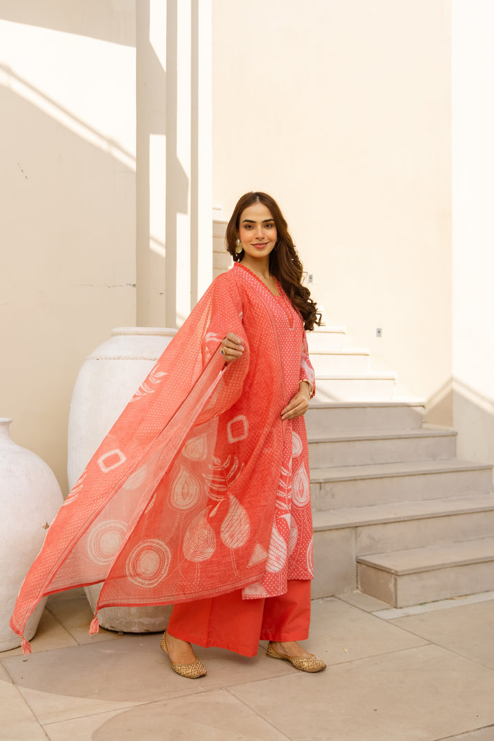 Nehamta Women's Orange Natural Linen Kurta With Palazzo & Dupatta set