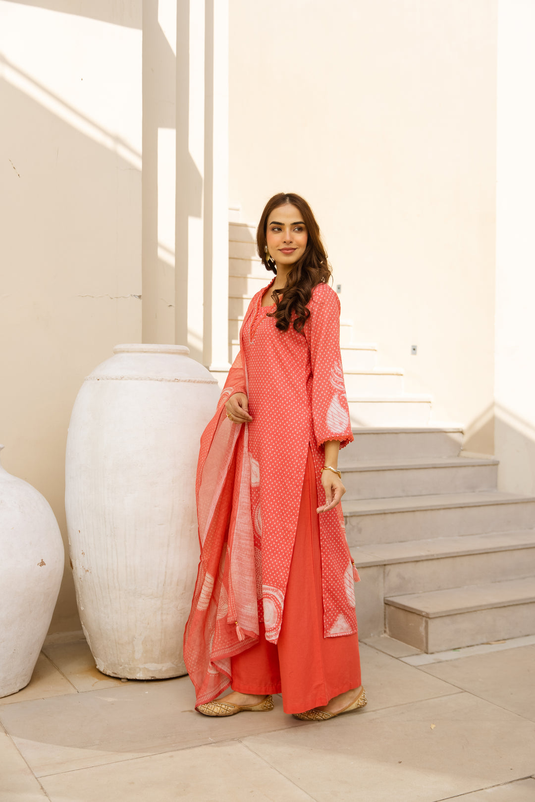 Nehamta Women's Orange Natural Linen Kurta With Palazzo & Dupatta set