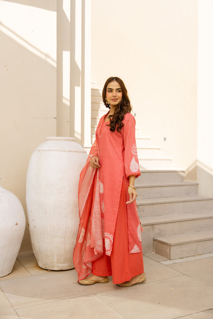 Nehamta Women's Orange Natural Linen Kurta With Palazzo & Dupatta set