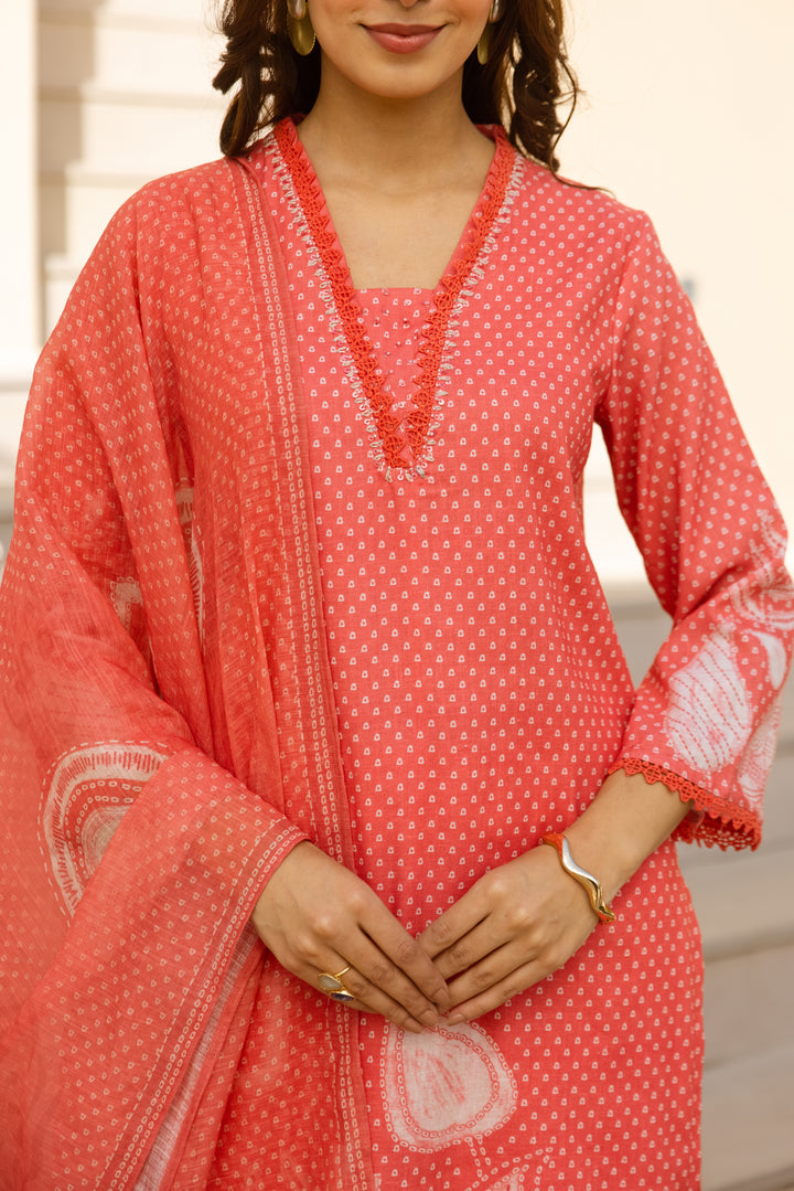 Nehamta Women's Orange Natural Linen Kurta With Palazzo & Dupatta set